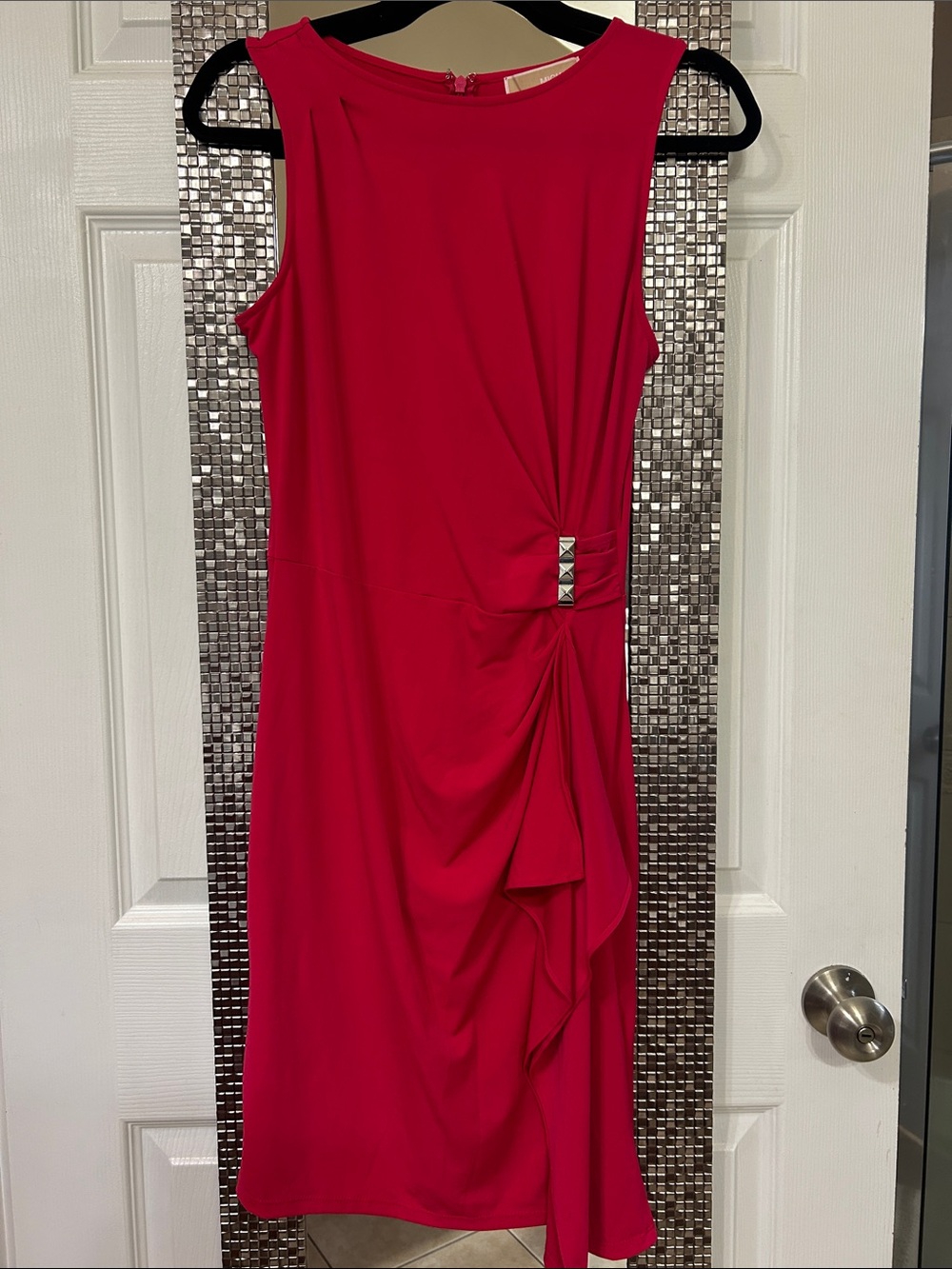 Michael Kors Fuchsia Sleeveless Midi Dress with Side Drape and Stud Detail
